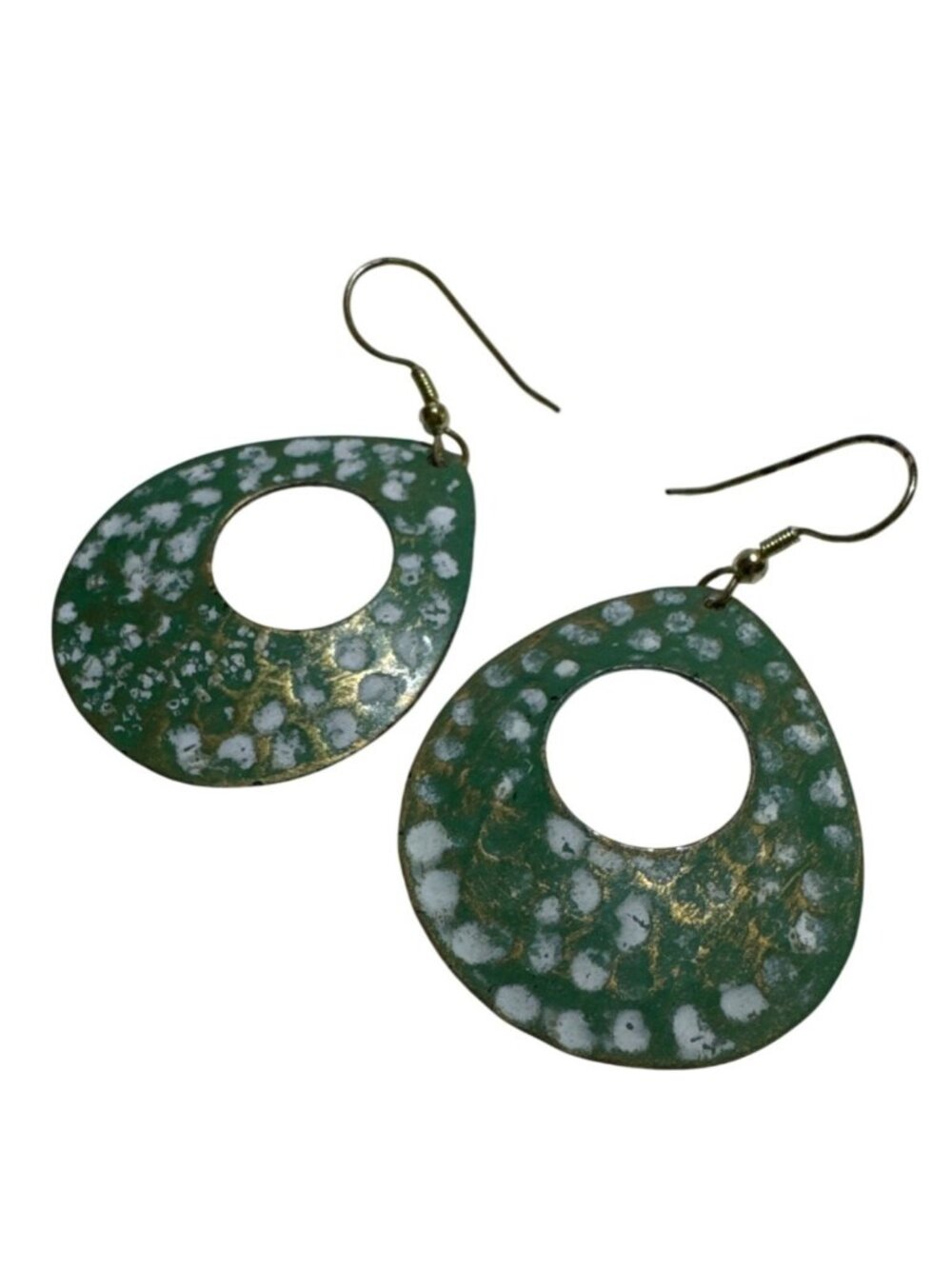Dimpled Teardrop Dangle Earrings Green & Gold Metal Abstract Pattern